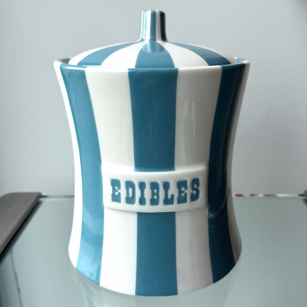 Jonathan Adler Vice EDIBLES Canister Blue & White Stripes - 8"